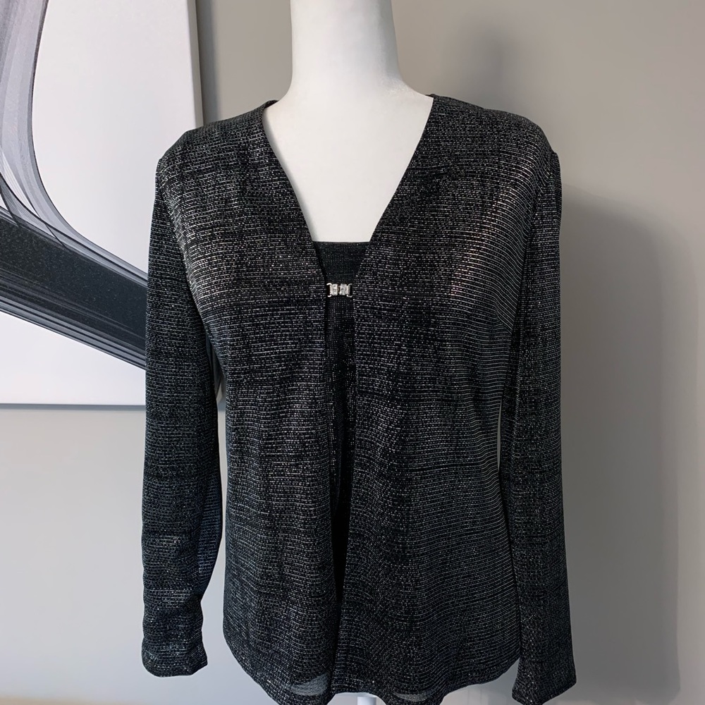 Liz Claiborne Night Black Silver Metallic Rhinestone 2-piece cocktail top blouse - Picture 5 of 12